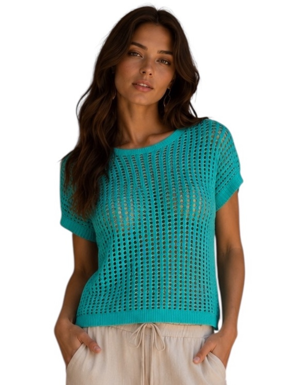 Zenana Turquoise Viscose Open Crochet Knit Short Sleeve Top